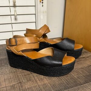 Lucky Brand Black and Tan Wedge Sandals